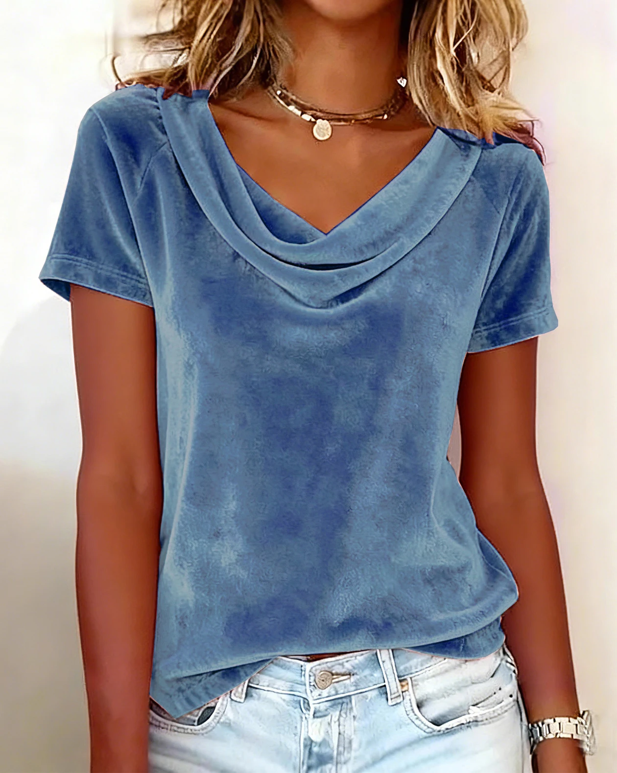 2026 New Women's Solid Color Casual Draped Neck Sexy Velvet Short Sleeve T-Shirt
