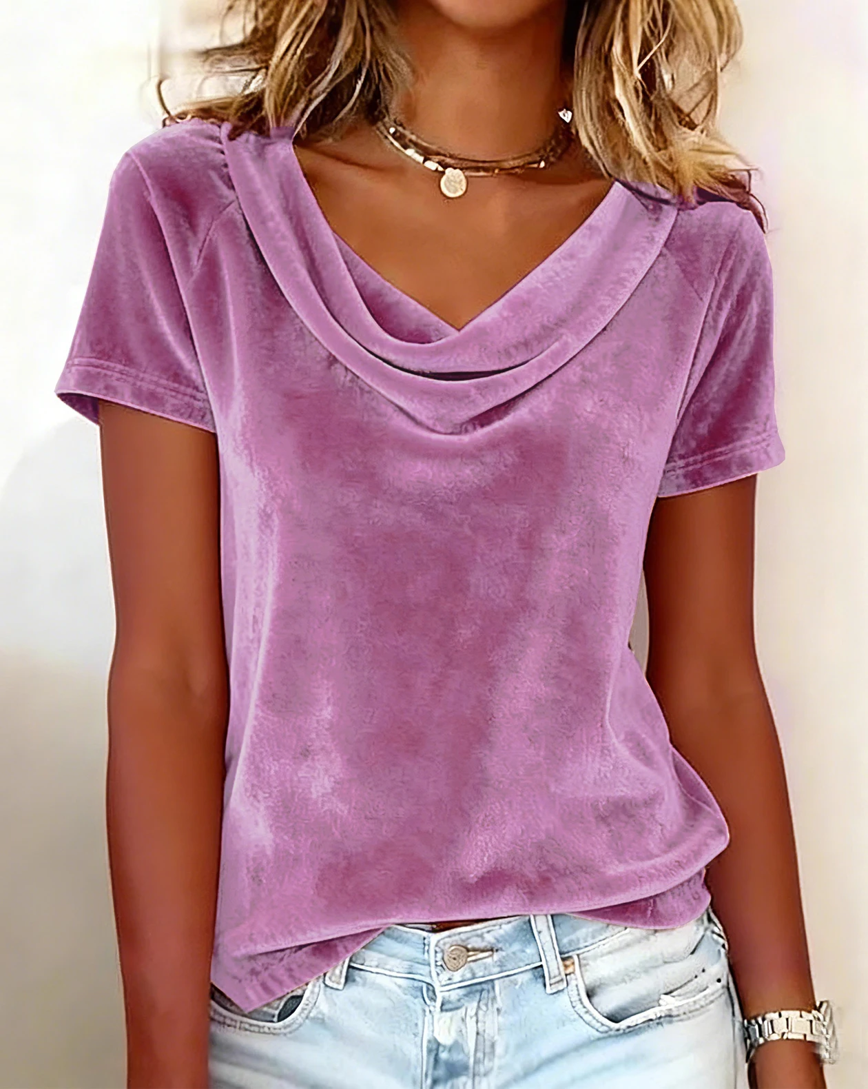 2026 New Women's Solid Color Casual Draped Neck Sexy Velvet Short Sleeve T-Shirt