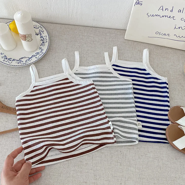 6M-3Y Summer Toddler Camisole Cute Blue Striped Sleeveless Tank Top for Boys Girls Soft Cotton Casual T-shirt
