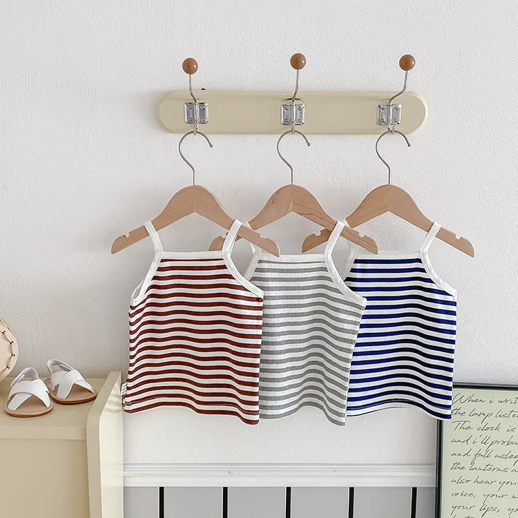 6M-3Y Summer Toddler Camisole Cute Blue Striped Sleeveless Tank Top for Boys Girls Soft Cotton Casual T-shirt