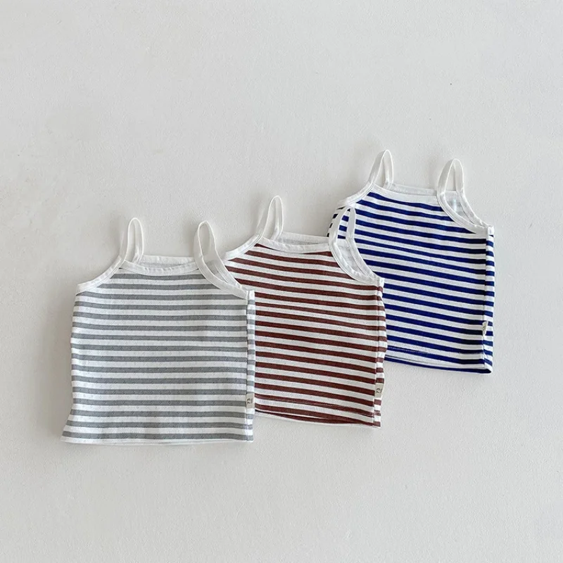 6M-3Y Summer Toddler Camisole Cute Blue Striped Sleeveless Tank Top for Boys Girls Soft Cotton Casual T-shirt