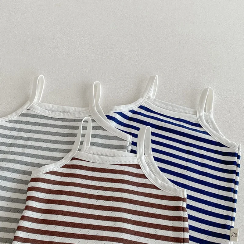 6M-3Y Summer Toddler Camisole Cute Blue Striped Sleeveless Tank Top for Boys Girls Soft Cotton Casual T-shirt