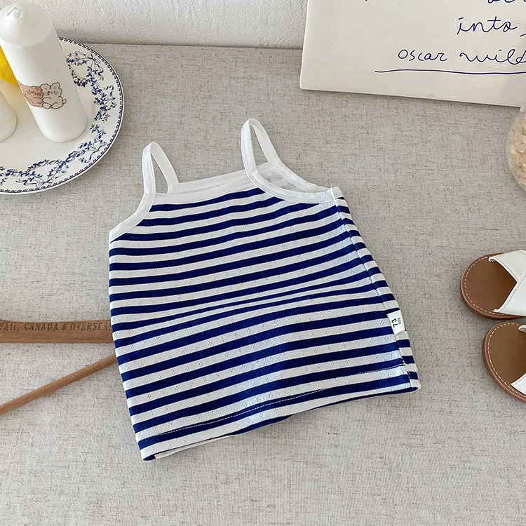 6M-3Y Summer Toddler Camisole Cute Blue Striped Sleeveless Tank Top for Boys Girls Soft Cotton Casual T-shirt