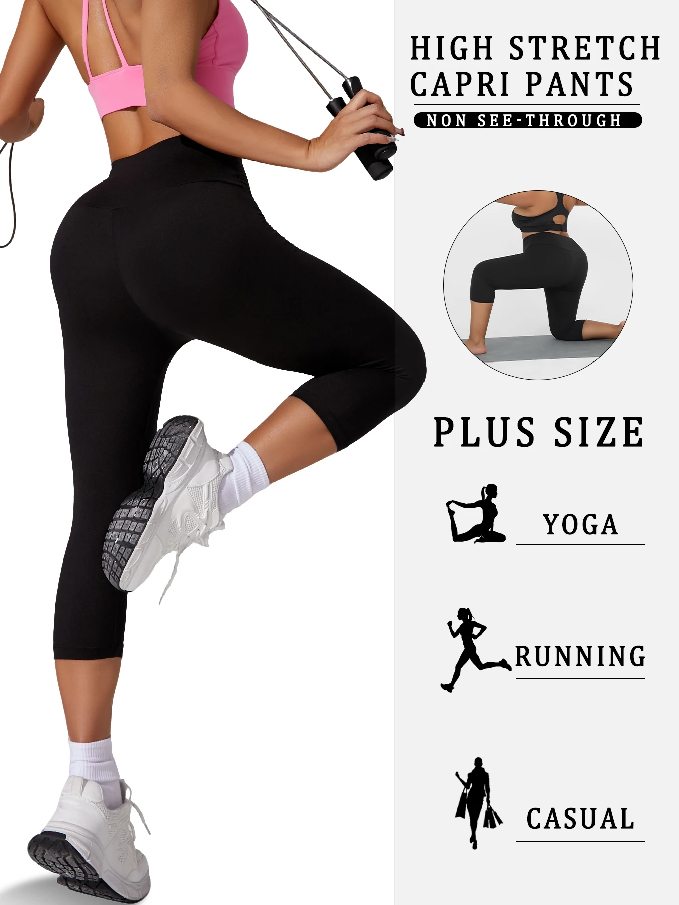 Plus Size Women's High Waisted Capri Pants Super Soft Tummy Control No See Through Workout Yoga Running Athletic Leggings