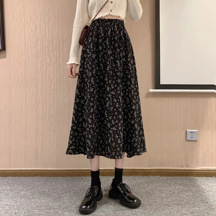 Spring Summer Casual Skirt Womens A-Line Skirts Fashion Vintage Floral Printed Chiffon Skirts Elastic High Waist Midi Skirts