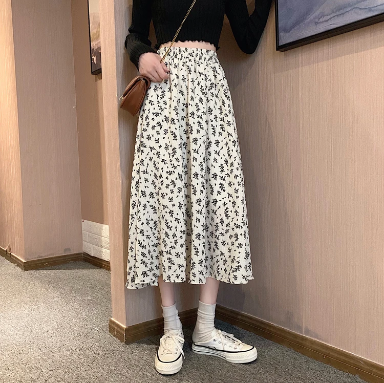 Spring Summer Casual Skirt Womens A-Line Skirts Fashion Vintage Floral Printed Chiffon Skirts Elastic High Waist Midi Skirts