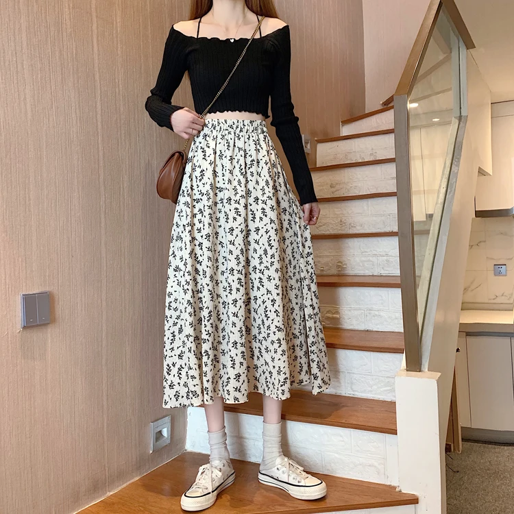 Spring Summer Casual Skirt Womens A-Line Skirts Fashion Vintage Floral Printed Chiffon Skirts Elastic High Waist Midi Skirts