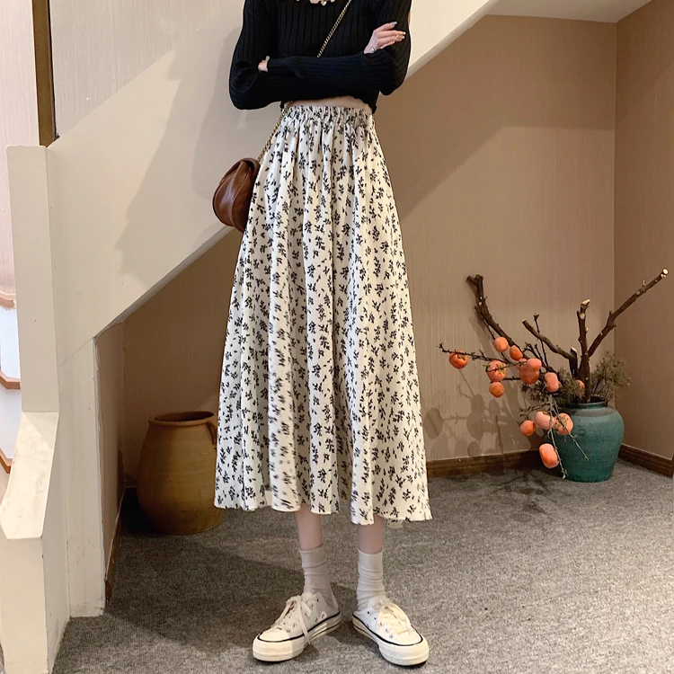 Spring Summer Casual Skirt Womens A-Line Skirts Fashion Vintage Floral Printed Chiffon Skirts Elastic High Waist Midi Skirts