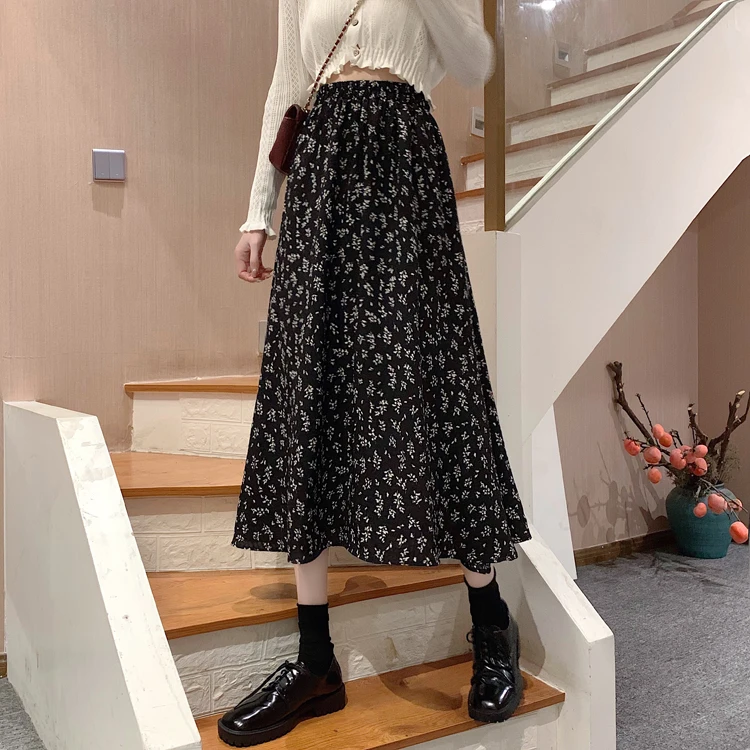 Spring Summer Casual Skirt Womens A-Line Skirts Fashion Vintage Floral Printed Chiffon Skirts Elastic High Waist Midi Skirts
