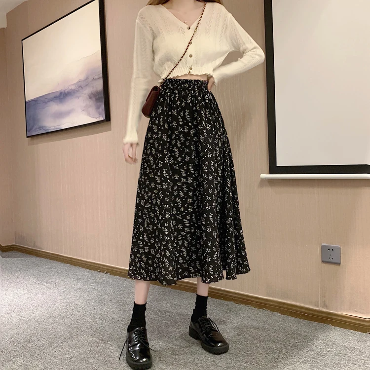 Spring Summer Casual Skirt Womens A-Line Skirts Fashion Vintage Floral Printed Chiffon Skirts Elastic High Waist Midi Skirts