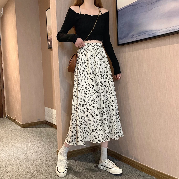 Spring Summer Casual Skirt Womens A-Line Skirts Fashion Vintage Floral Printed Chiffon Skirts Elastic High Waist Midi Skirts