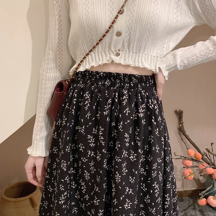 Spring Summer Casual Skirt Womens A-Line Skirts Fashion Vintage Floral Printed Chiffon Skirts Elastic High Waist Midi Skirts