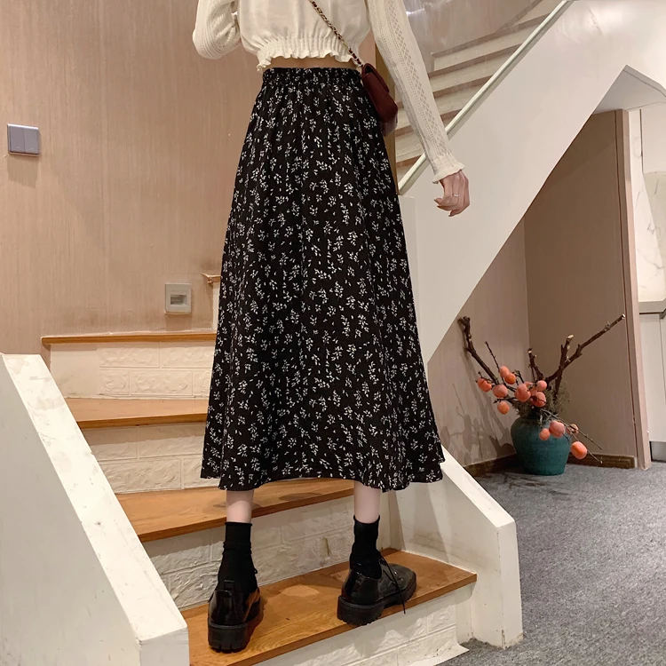 Spring Summer Casual Skirt Womens A-Line Skirts Fashion Vintage Floral Printed Chiffon Skirts Elastic High Waist Midi Skirts