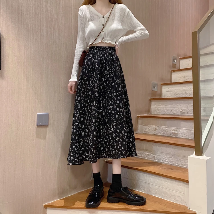 Spring Summer Casual Skirt Womens A-Line Skirts Fashion Vintage Floral Printed Chiffon Skirts Elastic High Waist Midi Skirts