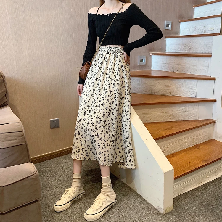 Spring Summer Casual Skirt Womens A-Line Skirts Fashion Vintage Floral Printed Chiffon Skirts Elastic High Waist Midi Skirts