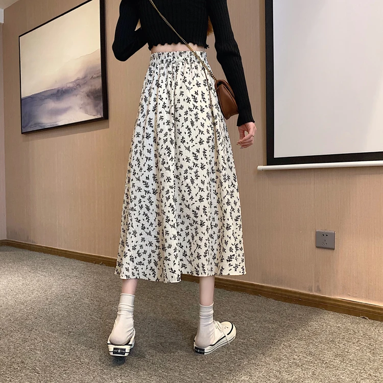 Spring Summer Casual Skirt Womens A-Line Skirts Fashion Vintage Floral Printed Chiffon Skirts Elastic High Waist Midi Skirts
