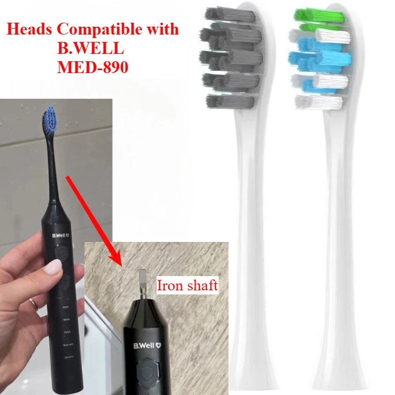 8pcs Replacement Toothbrush Heads Compatible with B.WELL MED-890 toothbrush, Heads with Protective Cover ,Soft Dupont Bristles