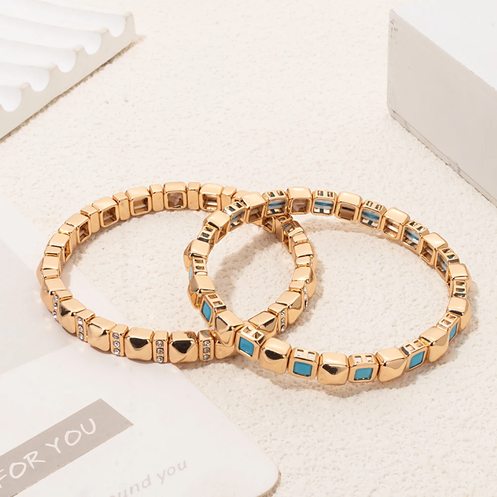 BEUTIFOR 6mm Gold Color Stone Charm Beaded Bangle For Women Elastic Beads Bracelets