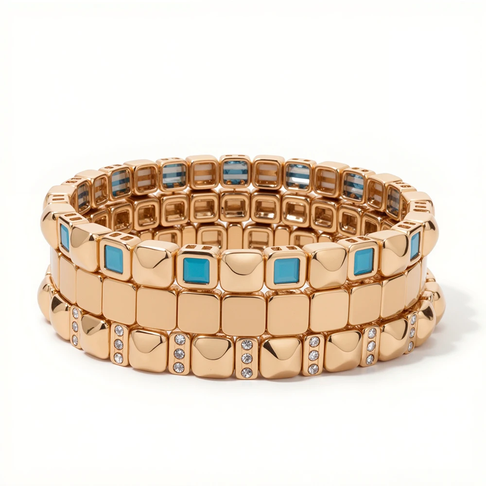 BEUTIFOR 6mm Gold Color Stone Charm Beaded Bangle For Women Elastic Beads Bracelets
