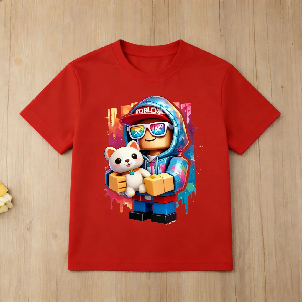 Roblox Cute Puppy Print Kids T-Shirt, Colorful Cartoon Gamer Tee for Children, Soft Cotton Casual Top, Gift for Boys Girls