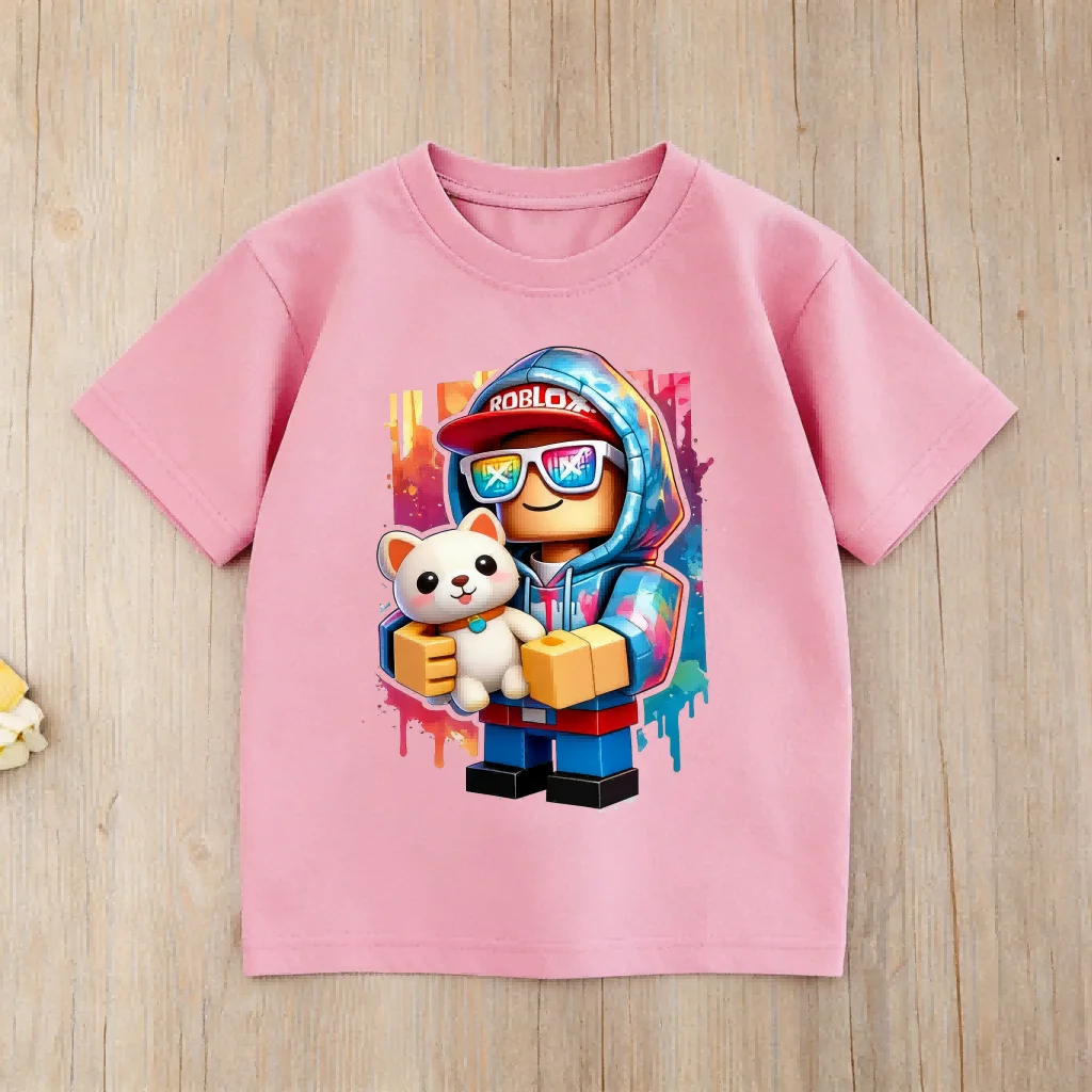 Roblox Cute Puppy Print Kids T-Shirt, Colorful Cartoon Gamer Tee for Children, Soft Cotton Casual Top, Gift for Boys Girls