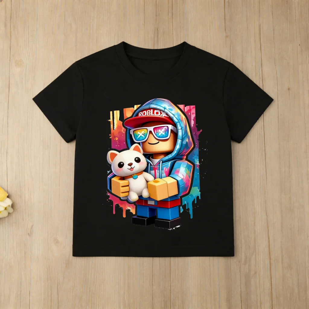 Roblox Cute Puppy Print Kids T-Shirt, Colorful Cartoon Gamer Tee for Children, Soft Cotton Casual Top, Gift for Boys Girls