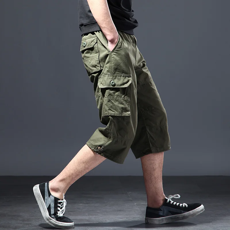 Summer Men's Casual Cargo Shorts Below Knee-length Loose Style Shorts Elastic Waist Plus Size Daily Beach Travel Casual Shorts