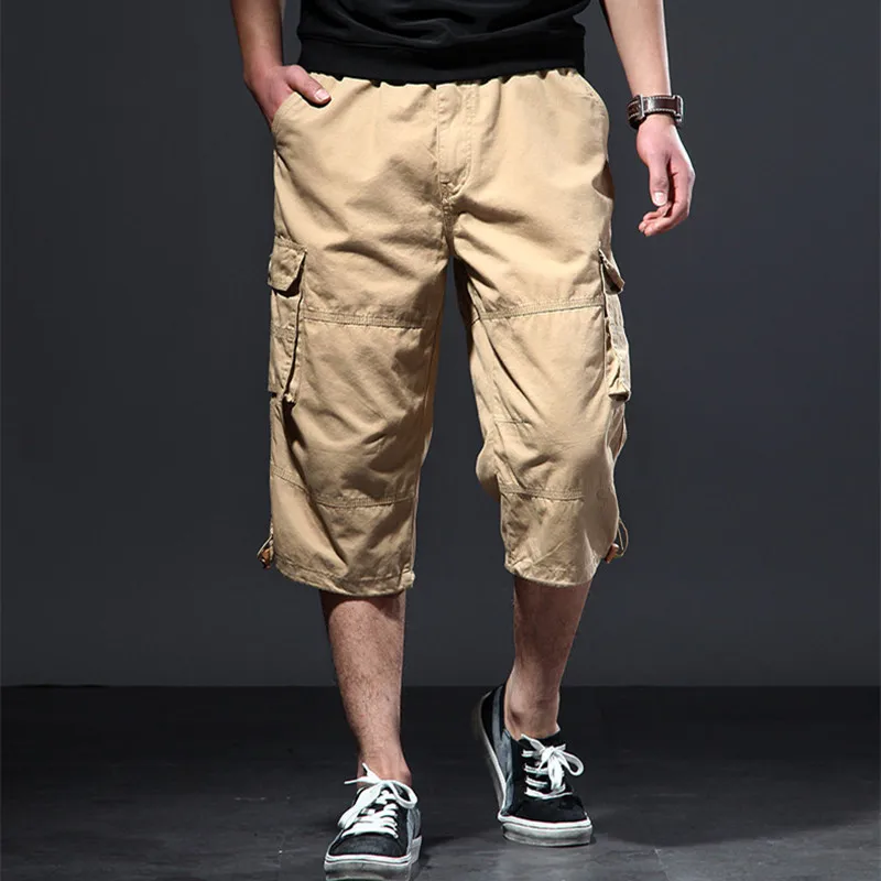 Summer Men's Casual Cargo Shorts Below Knee-length Loose Style Shorts Elastic Waist Plus Size Daily Beach Travel Casual Shorts