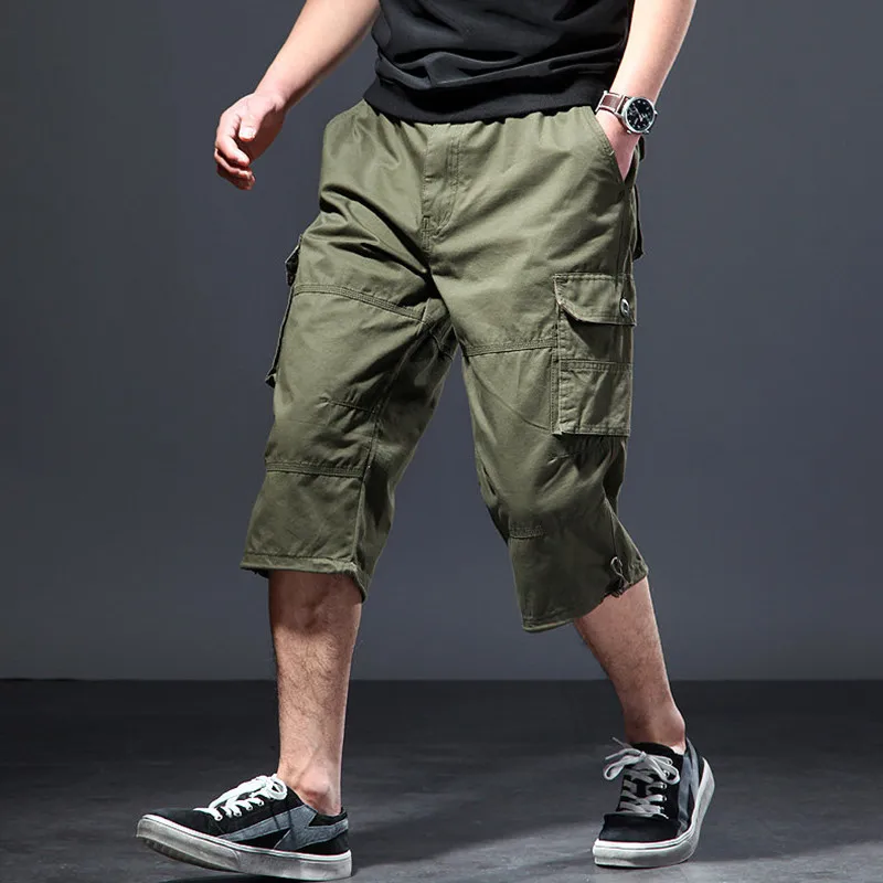 Summer Men's Casual Cargo Shorts Below Knee-length Loose Style Shorts Elastic Waist Plus Size Daily Beach Travel Casual Shorts