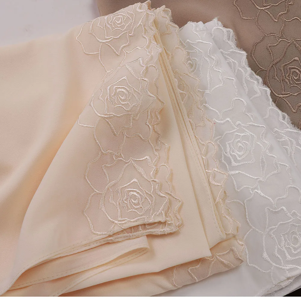 New Floral Rose Embroidery Chiffon Hijab Muslim Women Headscarf Malaysia Head Wrap Luxury Islamic Ramadan Eid 70×180CM