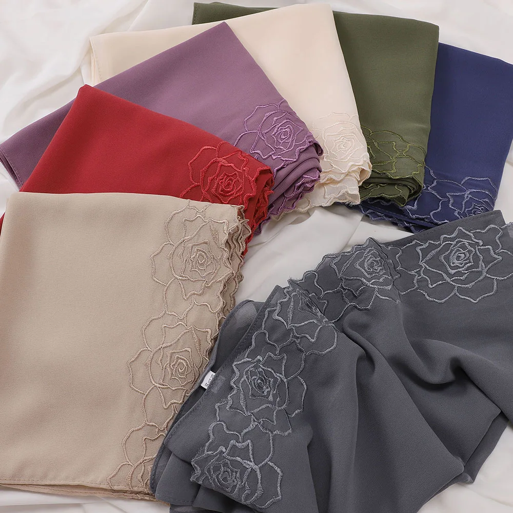 New Floral Rose Embroidery Chiffon Hijab Muslim Women Headscarf Malaysia Head Wrap Luxury Islamic Ramadan Eid 70×180CM