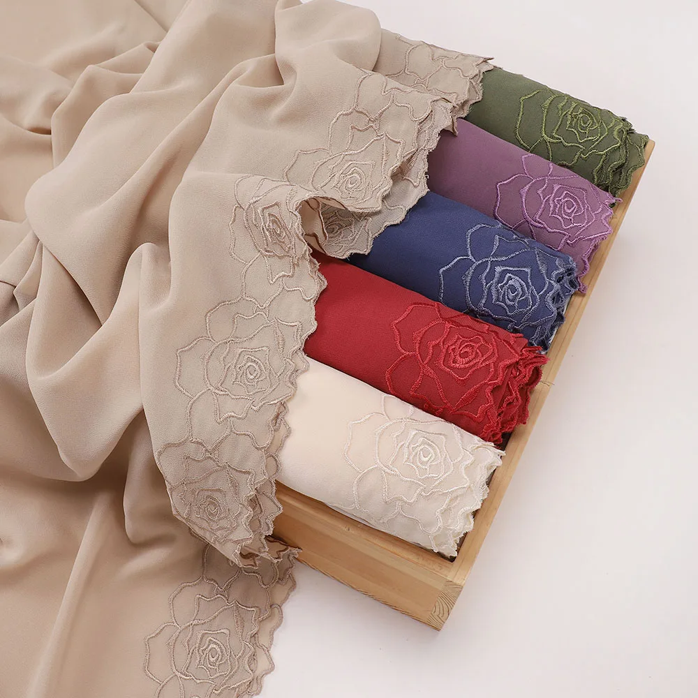 New Floral Rose Embroidery Chiffon Hijab Muslim Women Headscarf Malaysia Head Wrap Luxury Islamic Ramadan Eid 70×180CM