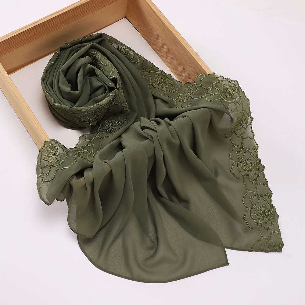 New Floral Rose Embroidery Chiffon Hijab Muslim Women Headscarf Malaysia Head Wrap Luxury Islamic Ramadan Eid 70×180CM