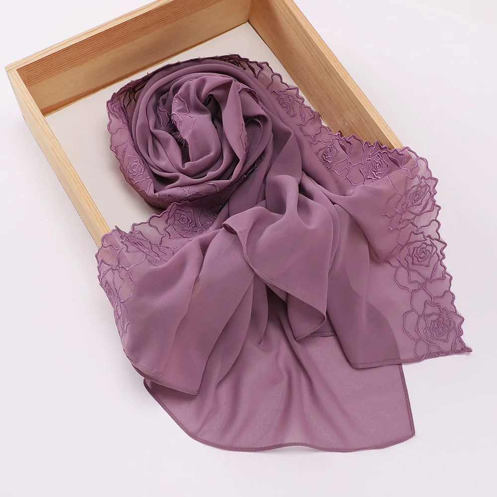 New Floral Rose Embroidery Chiffon Hijab Muslim Women Headscarf Malaysia Head Wrap Luxury Islamic Ramadan Eid 70×180CM