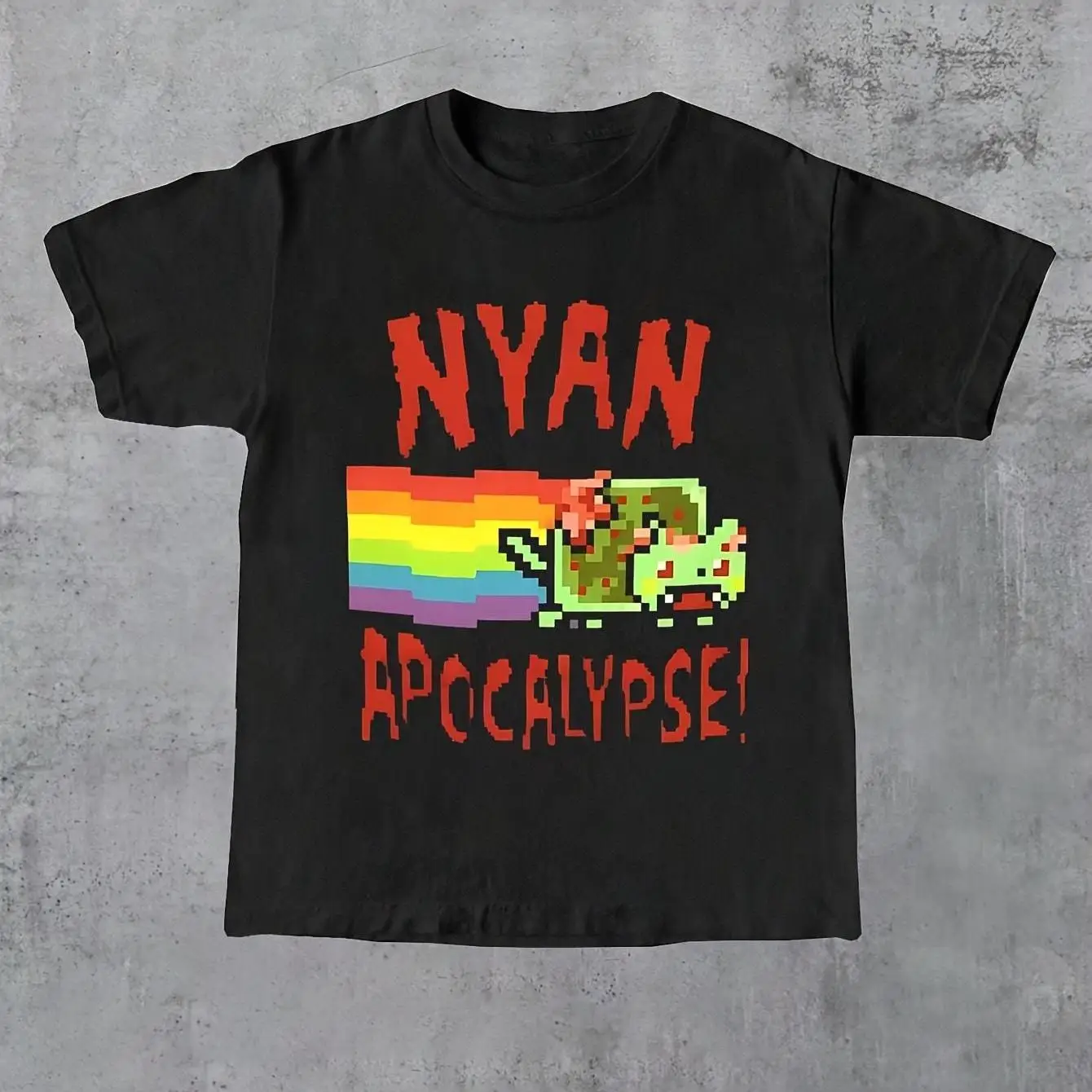 Y2K Retro Game T-Shirt Featuring A NYAN Apocalypse Rainbow Made From Soft Knitted Fabric. This Unisex Black Short-Sleeve Shirt