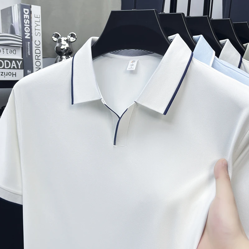 Mens Contrast Trim Polo Shirt Short Sleeve Turn Down Collar V Neck Casual Business Top For Daily Wear