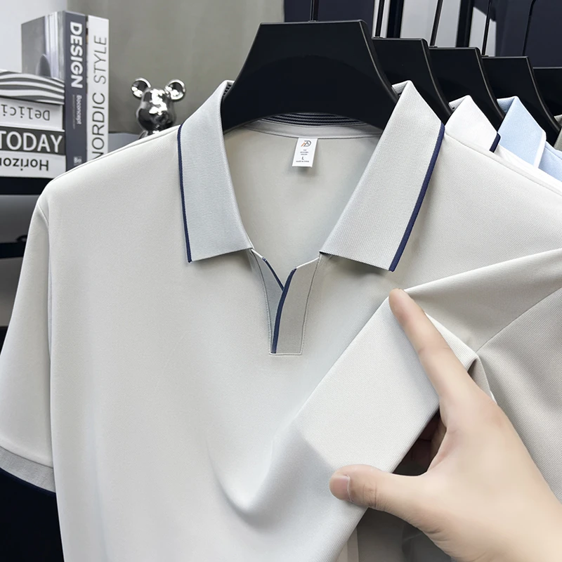 Mens Contrast Trim Polo Shirt Short Sleeve Turn Down Collar V Neck Casual Business Top For Daily Wear