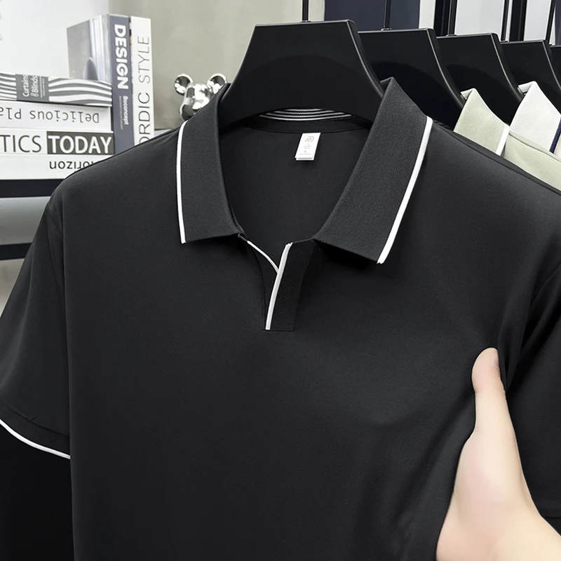 Mens Contrast Trim Polo Shirt Short Sleeve Turn Down Collar V Neck Casual Business Top For Daily Wear