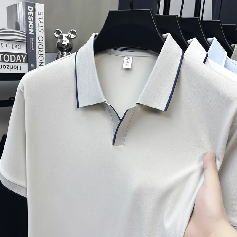 Mens Contrast Trim Polo Shirt Short Sleeve Turn Down Collar V Neck Casual Business Top For Daily Wear
