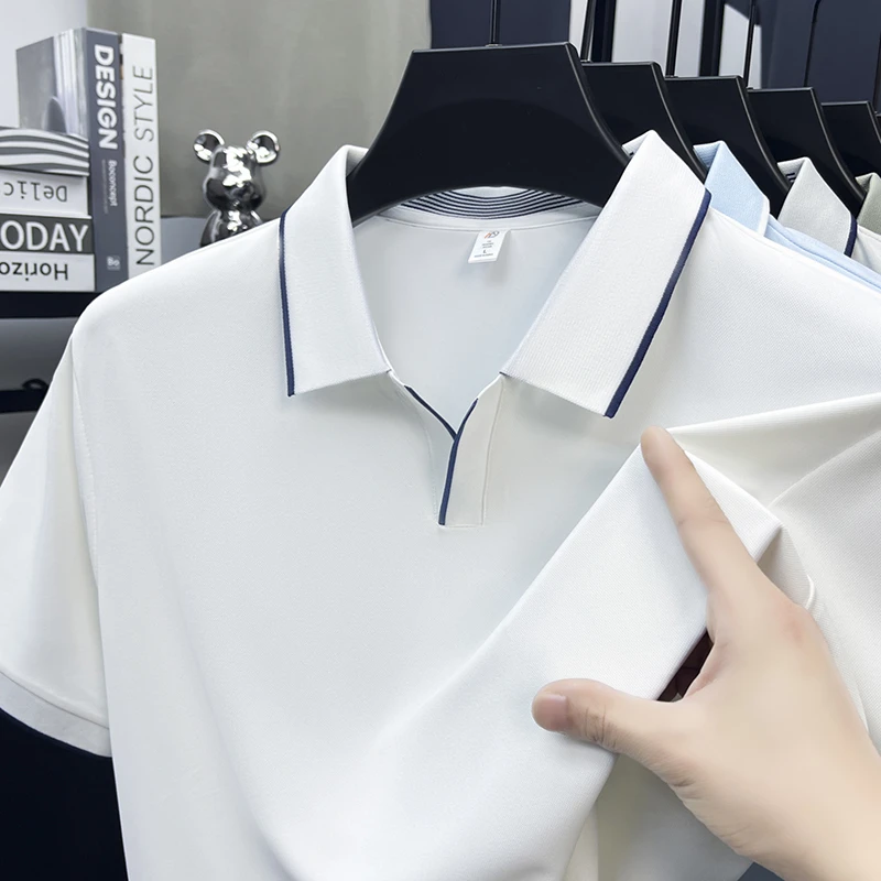 Mens Contrast Trim Polo Shirt Short Sleeve Turn Down Collar V Neck Casual Business Top For Daily Wear