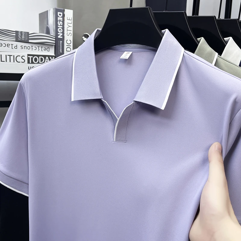 Mens Contrast Trim Polo Shirt Short Sleeve Turn Down Collar V Neck Casual Business Top For Daily Wear