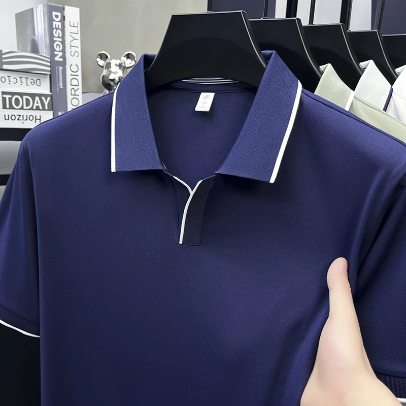 Mens Contrast Trim Polo Shirt Short Sleeve Turn Down Collar V Neck Casual Business Top For Daily Wear