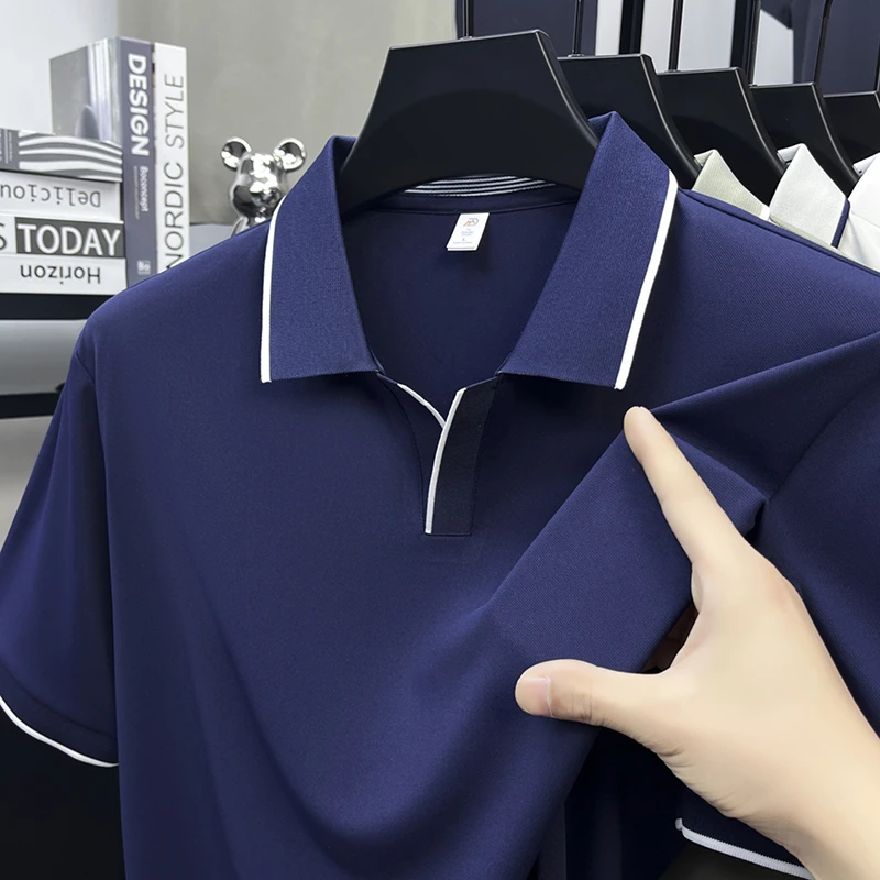 Mens Contrast Trim Polo Shirt Short Sleeve Turn Down Collar V Neck Casual Business Top For Daily Wear