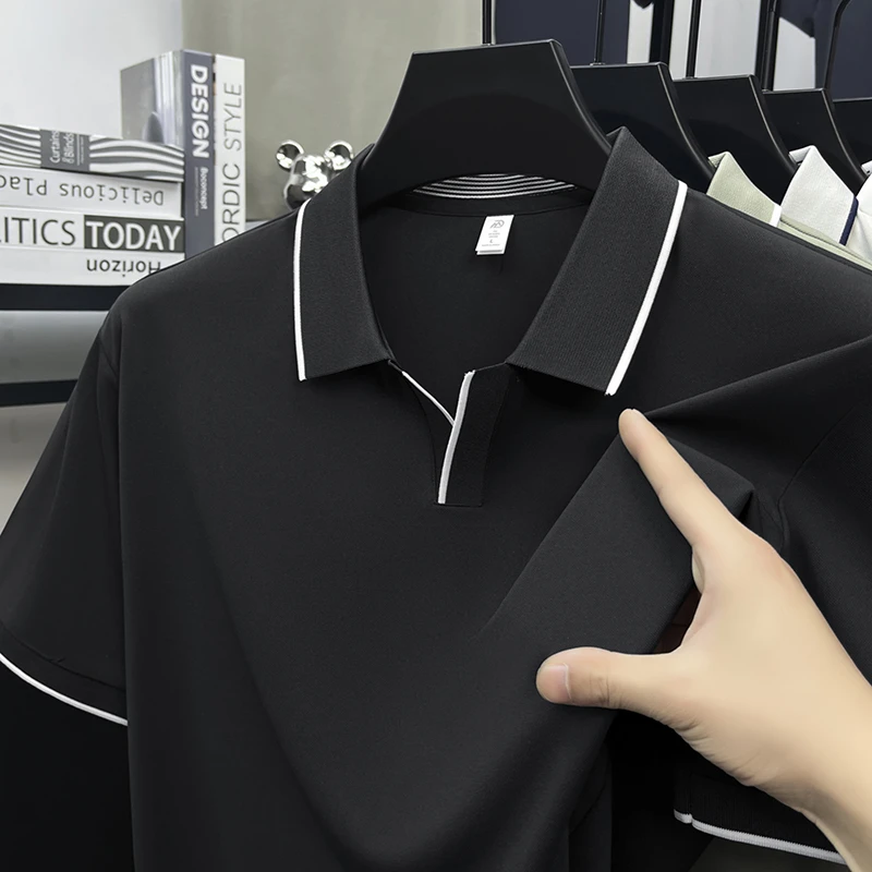 Mens Contrast Trim Polo Shirt Short Sleeve Turn Down Collar V Neck Casual Business Top For Daily Wear