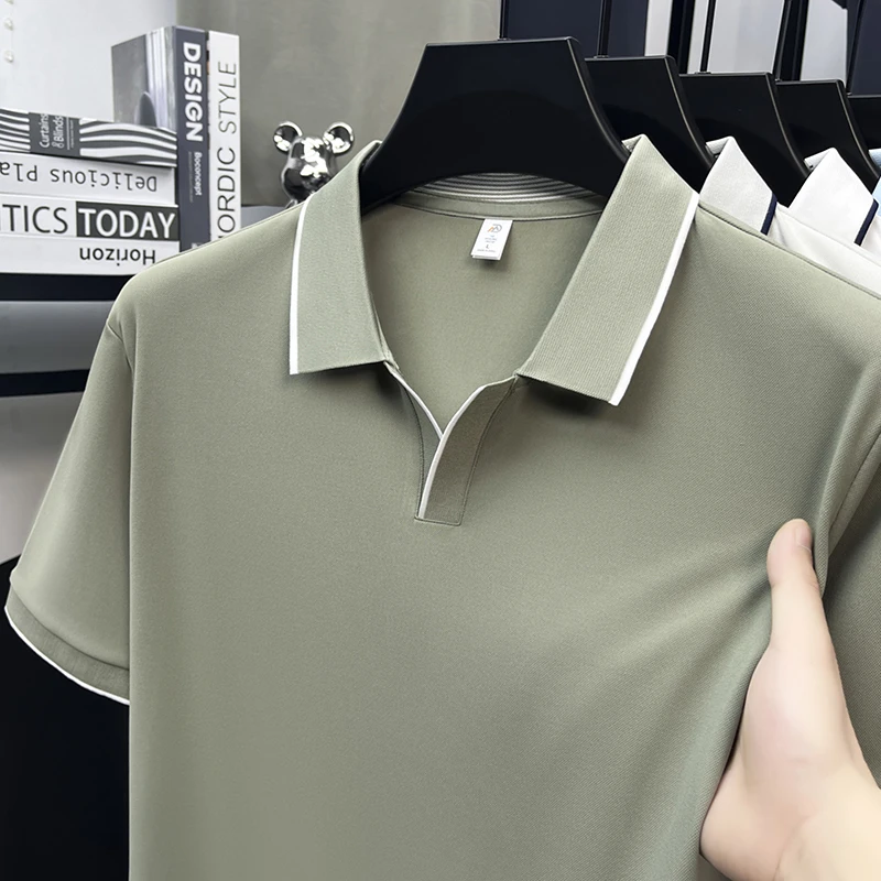 Mens Contrast Trim Polo Shirt Short Sleeve Turn Down Collar V Neck Casual Business Top For Daily Wear