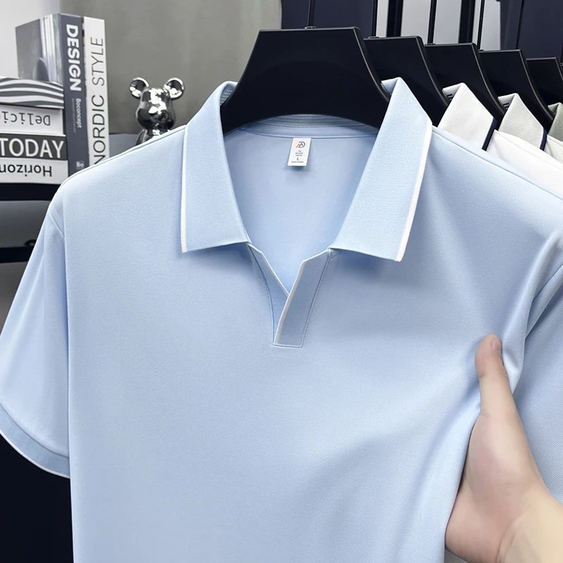 Mens Contrast Trim Polo Shirt Short Sleeve Turn Down Collar V Neck Casual Business Top For Daily Wear