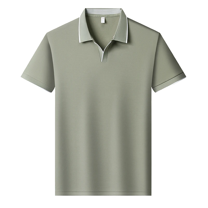 Mens Contrast Trim Polo Shirt Short Sleeve Turn Down Collar V Neck Casual Business Top For Daily Wear