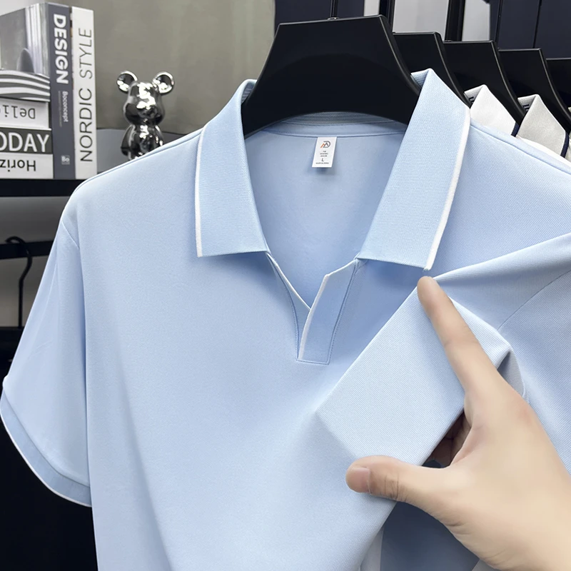 Mens Contrast Trim Polo Shirt Short Sleeve Turn Down Collar V Neck Casual Business Top For Daily Wear