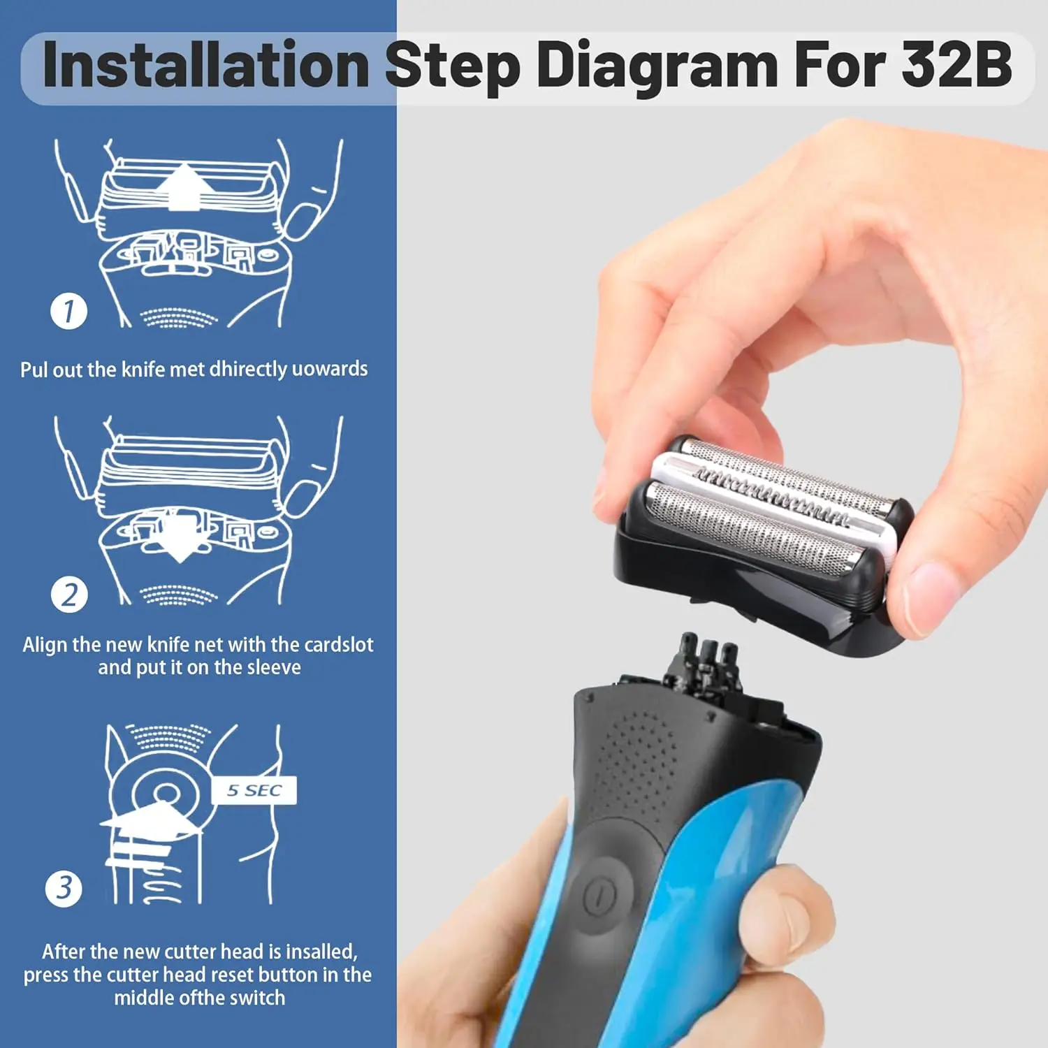 High Quality 32B Replacement Head Compatible with Braun Series 3 3000s 3010s 3020s 3030s 300s 301s 310s 320s Electric Shaver