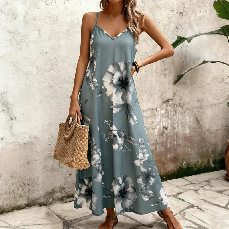 Plus size women's camisole skirt, floral print sleeveless skirt, summer beach leisure vacation Dress